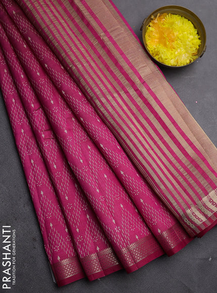 Semi raw silk saree dark pink with allover zigzag prints and zari woven border