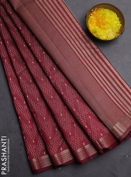 Semi raw silk saree maroon with allover zigzag prints and zari woven border