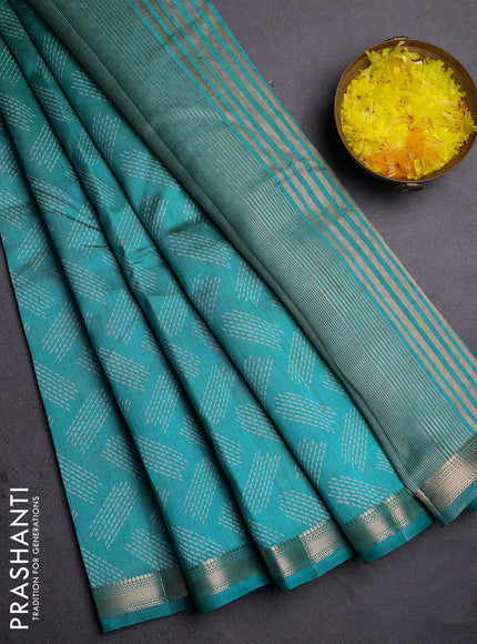 Semi raw silk saree teal blue with allover butta prints and zari woven border