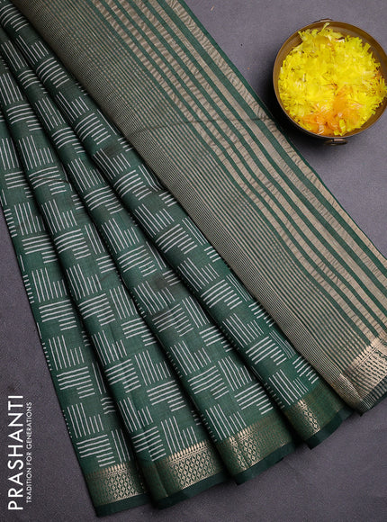 Semi raw silk saree bottle green with allover geometric prints and zari woven border