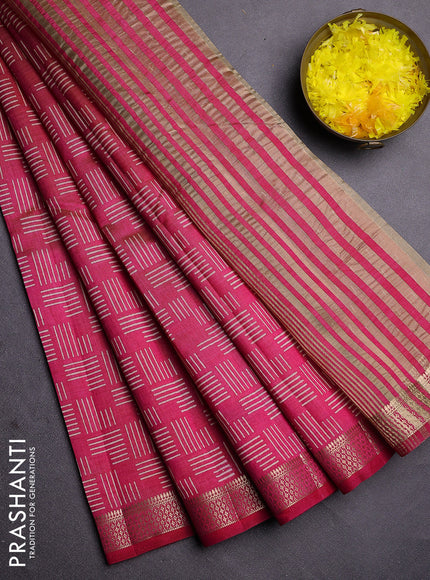 Semi raw silk saree dark pink with allover geometric prints and zari woven border