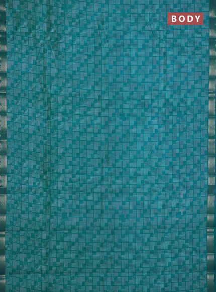 Semi raw silk saree teal blue with allover geometric prints and zari woven border