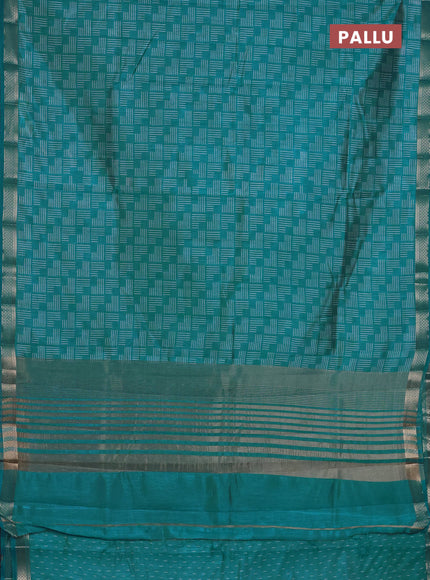 Semi raw silk saree teal blue with allover geometric prints and zari woven border