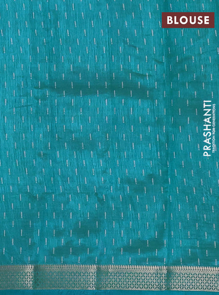 Semi raw silk saree teal blue with allover geometric prints and zari woven border