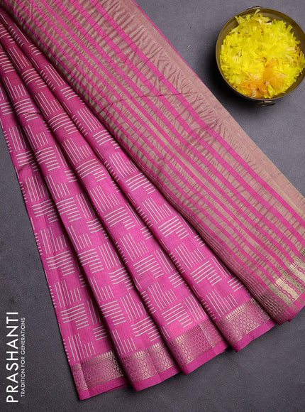 Semi raw silk saree pink with allover geometric prints and zari woven border
