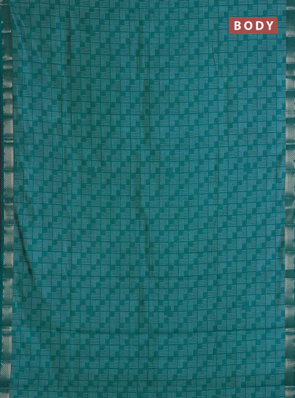 Semi raw silk saree teal green with allover geometric prints and zari woven border