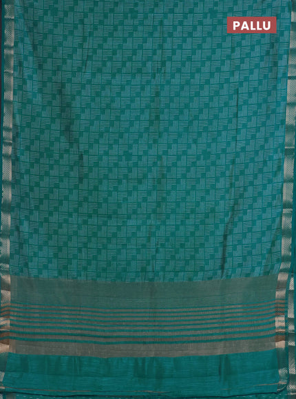 Semi raw silk saree teal green with allover geometric prints and zari woven border