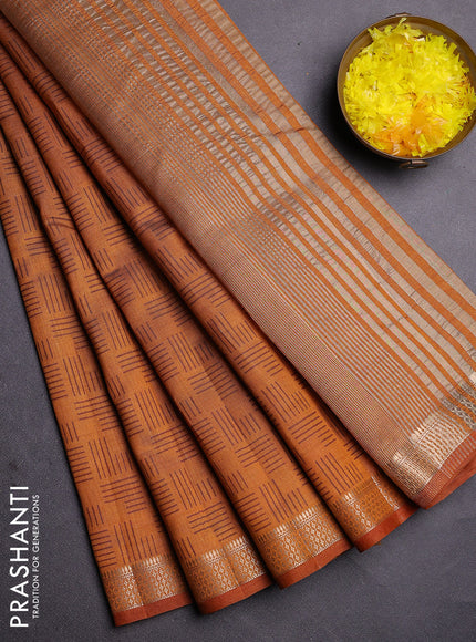 Semi raw silk saree mustard yellow with allover geometric prints and zari woven border