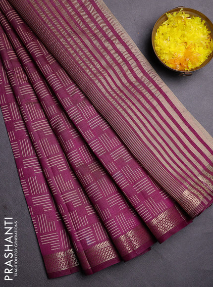Semi raw silk saree deep purple with allover geometric prints and zari woven border