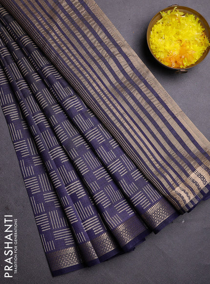 Semi raw silk saree navy blue with allover geometric prints and zari woven border