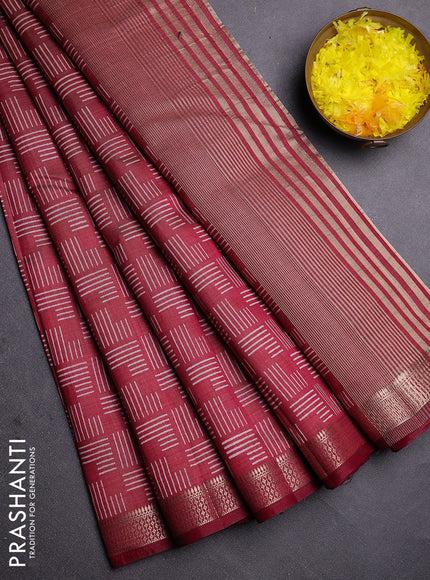 Semi raw silk saree deep maroon with allover geometric prints and zari woven border