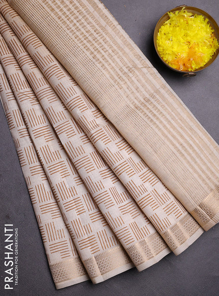 Semi raw silk saree cream with allover geometric prints and zari woven border