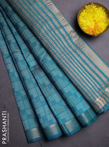 Semi raw silk saree cs blue with allover geometric prints and zari woven border