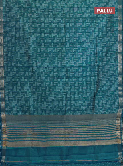 Semi raw silk saree cs blue with allover geometric prints and zari woven border