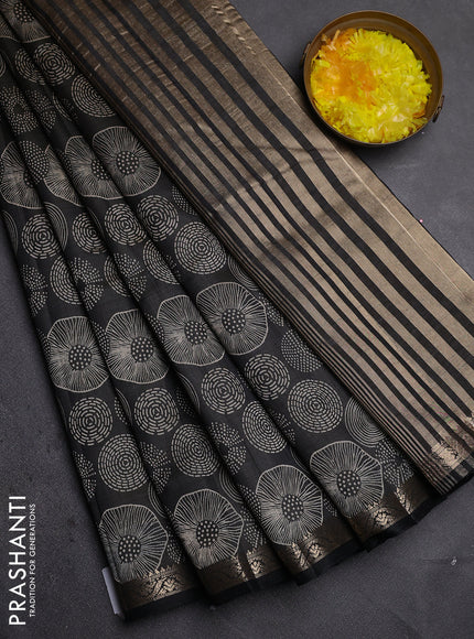 Semi raw silk saree black with allover geometric prints and zari woven border