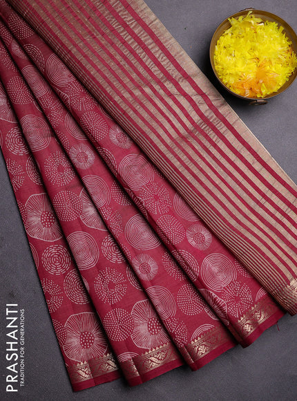 Semi raw silk saree deep maroon with allover geometric prints and zari woven border