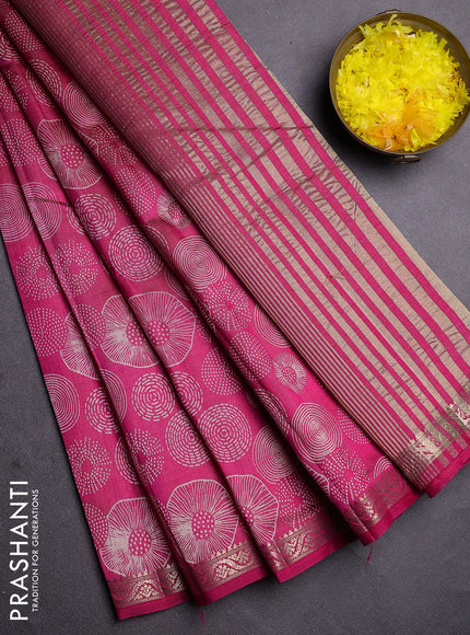 Semi raw silk saree dark pink with allover geometric prints and zari woven border