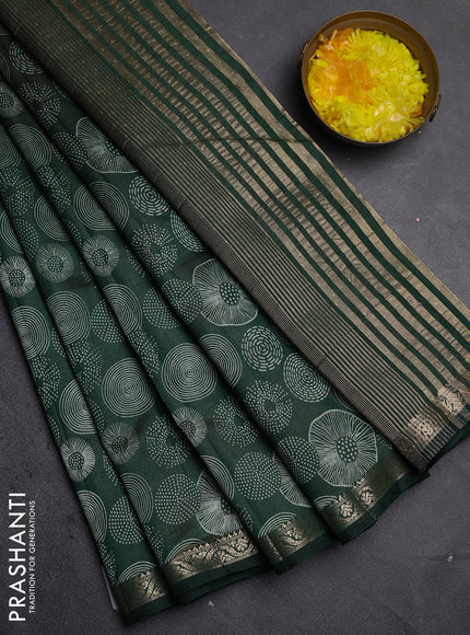 Semi raw silk saree bottle green with allover geometric prints and zari woven border