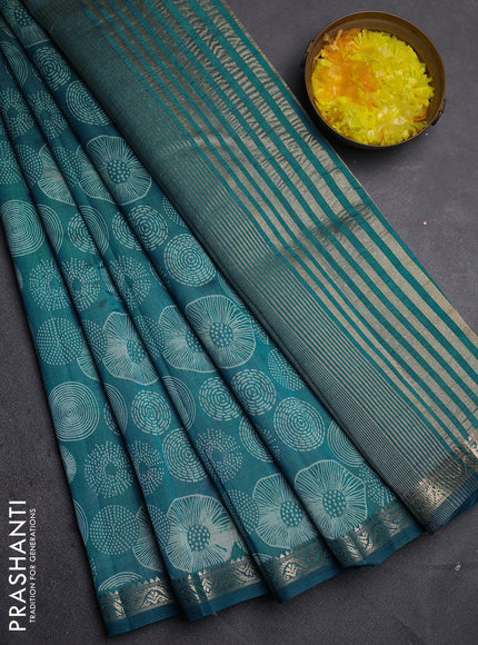 Semi raw silk saree cs blue with allover geometric prints and zari woven border