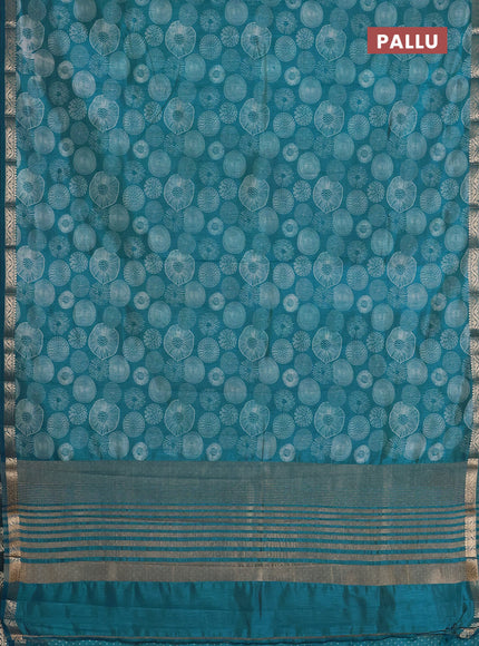Semi raw silk saree cs blue with allover geometric prints and zari woven border