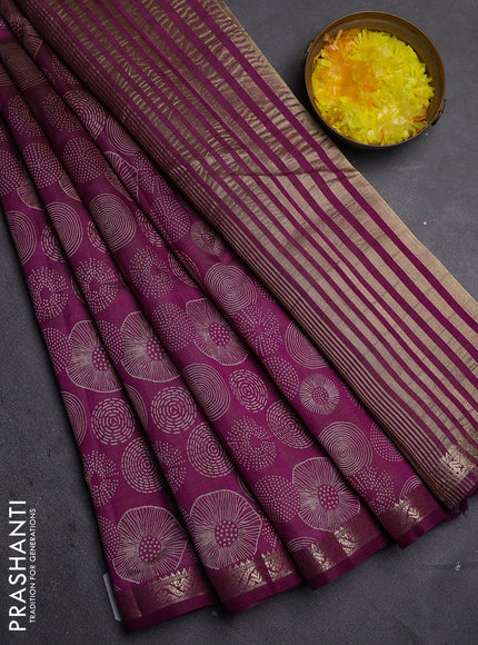 Semi raw silk saree deep purple with allover geometric prints and zari woven border