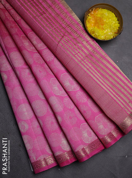 Semi raw silk saree pink with allover geometric prints and zari woven border