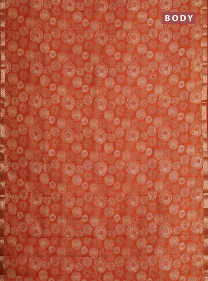 Semi raw silk saree rust shade with allover geometric prints and zari woven border