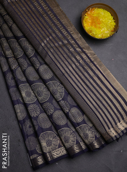 Semi raw silk saree navy blue with allover geometric prints and zari woven border