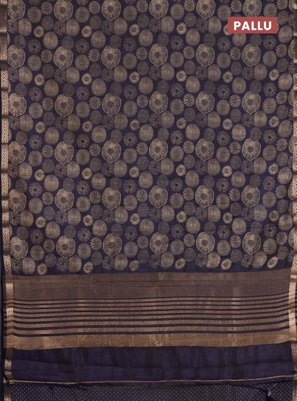 Semi raw silk saree navy blue with allover geometric prints and zari woven border
