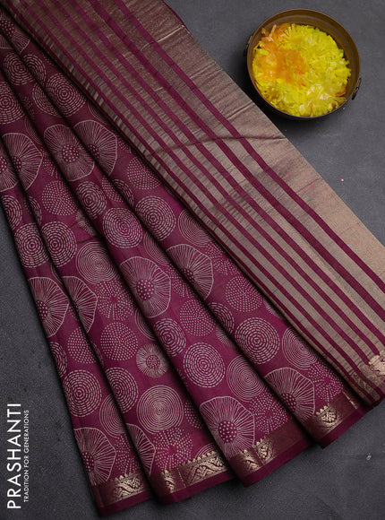 Semi raw silk saree deep purple with allover geometric prints and zari woven border