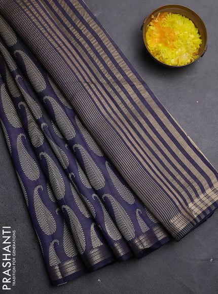 Semi raw silk saree navy blue with allover paisley prints and zari woven border