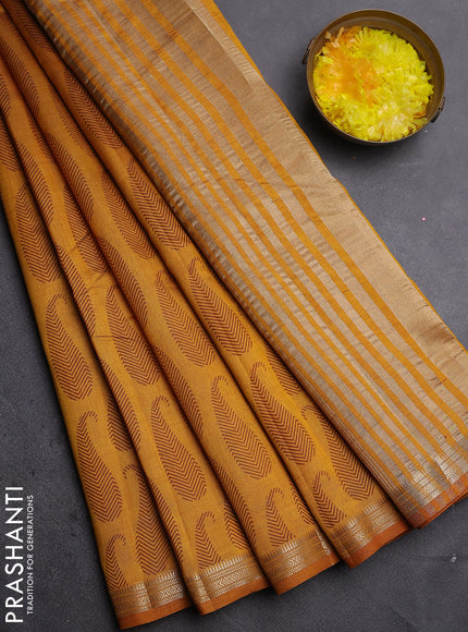 Semi raw silk saree mustard yellow with allover paisley prints and zari woven border