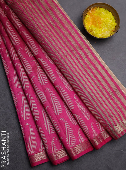 Semi raw silk saree dark pink with allover paisley prints and zari woven border
