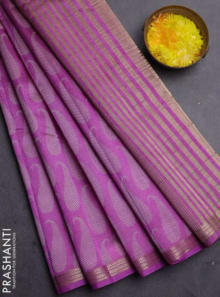 Semi raw silk saree lavender with allover paisley prints and zari woven border