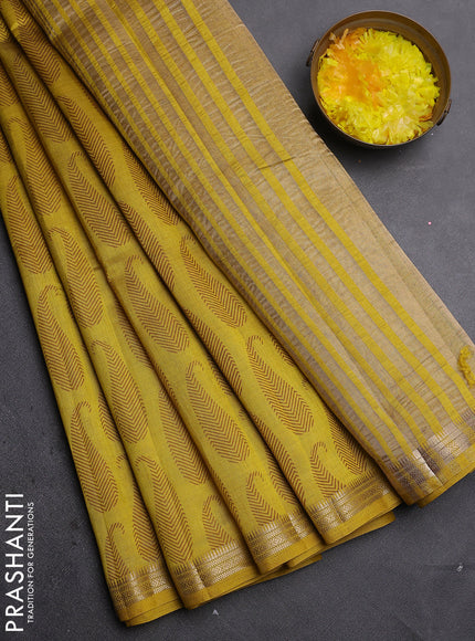 Semi raw silk saree mustard yellow with allover paisley prints and zari woven border
