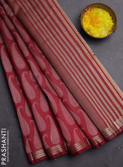 Semi raw silk saree deep maroon with allover paisley prints and zari woven border