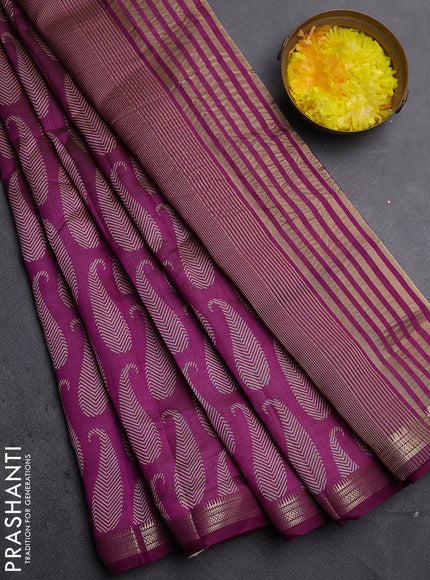 Semi raw silk saree deep purple with allover paisley prints and zari woven border