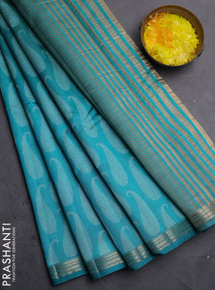 Semi raw silk saree teal blue with allover paisley prints and zari woven border