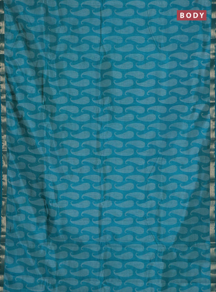 Semi raw silk saree teal blue with allover paisley prints and zari woven border