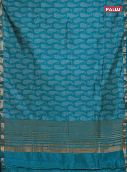 Semi raw silk saree teal blue with allover paisley prints and zari woven border