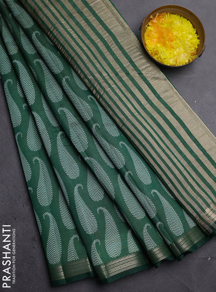 Semi raw silk saree bottle green with allover paisley prints and zari woven border