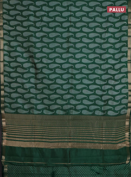 Semi raw silk saree bottle green with allover paisley prints and zari woven border