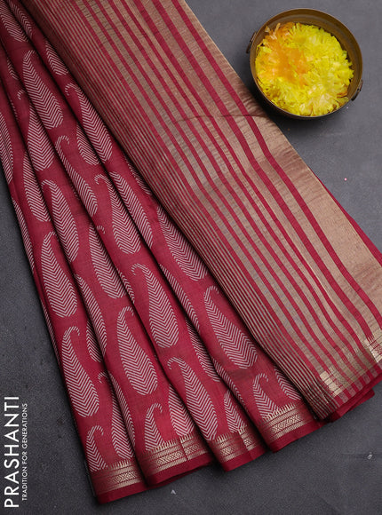 Semi raw silk saree maroon with allover paisley prints and zari woven border