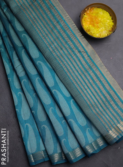 Semi raw silk saree cs blue with allover paisley prints and zari woven border