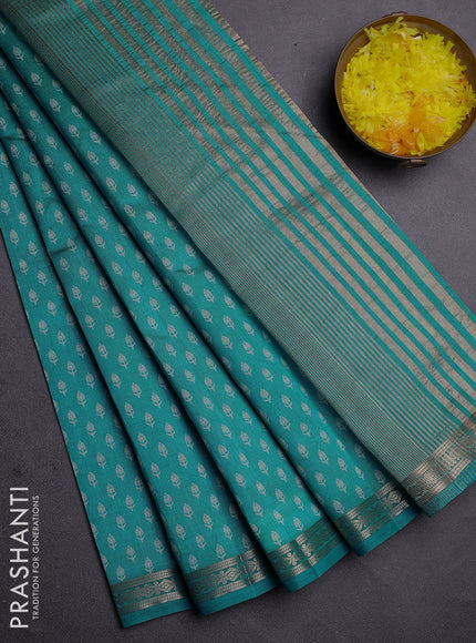Semi raw silk saree teal blue with allover butta prints and zari woven border