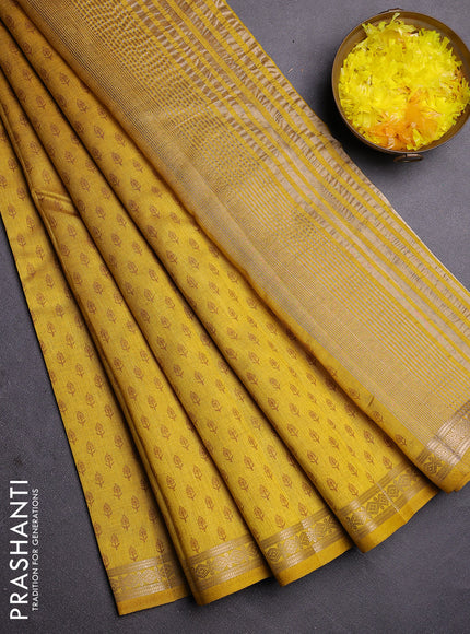 Semi raw silk saree mustard yellow with allover butta prints and zari woven border