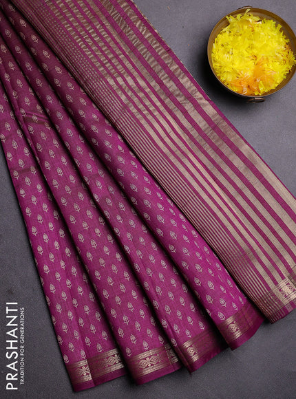 Semi raw silk saree deep purple with allover butta prints and zari woven border