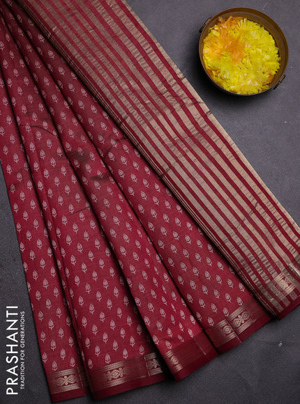 Semi raw silk saree maroon with allover butta prints and zari woven border