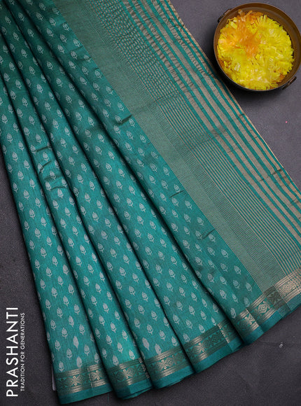 Semi raw silk saree teal blue with allover butta prints and zari woven border