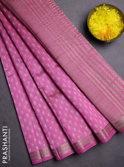 Semi raw silk saree pink with allover butta prints and zari woven border